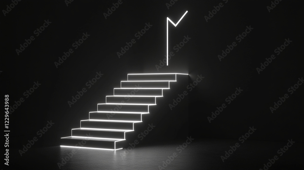 Aufkleber Minimalist glowing staircase with illuminated steps and modern checkmark symbol in a dark space, representing innovation, achievement, and futuristic architectural design