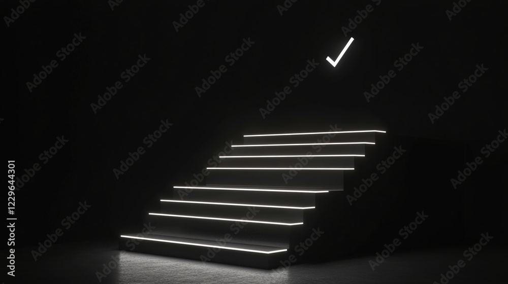 Aufkleber Illuminated staircase with glowing steps in a dark minimalistic setting featuring a sleek checkmark symbol, representing progress, modernity, and futuristic concepts