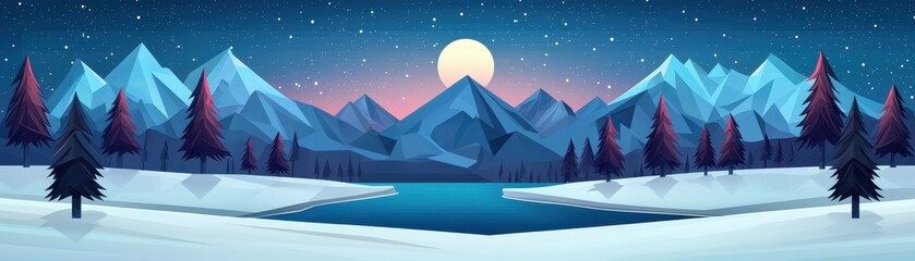 Serene Winter Night Landscape Snowy Mountains Moonlit Lake and Pine Trees