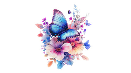 Blue butterfly on vibrant flowers black background floral art nature beauty spring summer insect wings blossom petals delicate artwork isolated on transparent background