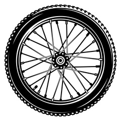 Detailed black and white bicycle wheel illustration.