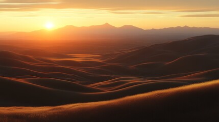 A beautiful golden sunset over rolling hills, with a golden wheat field in the foreground and a distant mountain range, creating a warm, tranquil, and scenic landscape.
