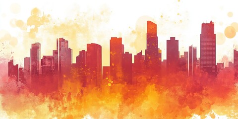 Abstract watercolor city skyline in warm tones, showcasing a modern urban landscape with skyscrapers.