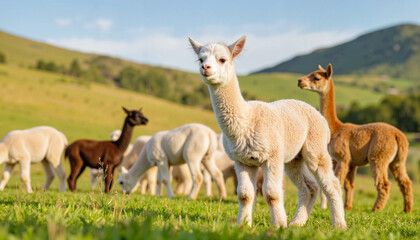 Fototapeta premium Playful young alpaca grazing in lush pastureland, farm tranquility