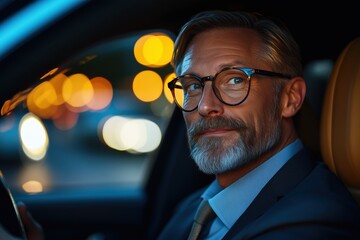 A respectable older businessman is traveling by car, he radiates confidence and success.