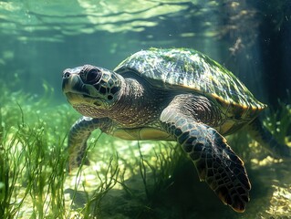 Fototapeta premium Majestic Sea Turtle Swimming Gracefully Through Clear Ocean Waters Surrounded by Lush Green Seagrass and Sunlight Filtering Through Water Surface