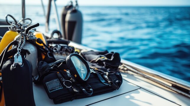 Neatly arranged diving gear on a clean dive boat, emphasizing exploration and readiness. Ideal for diving and underwater content.