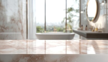 Elegant Marble Countertop in a Luxurious Bathroom with City View