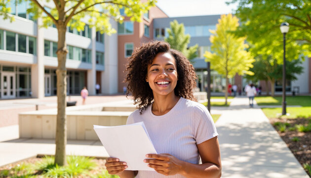 Joyful young Black woman exploring college campus outdoors, education