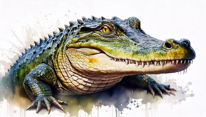 Obraz premium Watercolor crocodile with detailed scales and vibrant coloring on a plain white backdrop