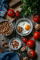 A table with various foods, including eggs, nuts, and vegetables. On the right side of the picture is an egg surrounded by fresh tomatoes, walnuts, and hazelnuts in small white bowls. In front, 