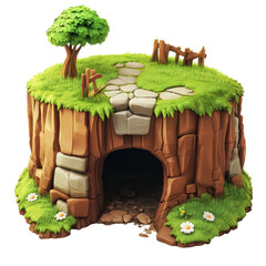 A whimsical cave nestled in green grass, with stones and flowers enhancing the scenery.