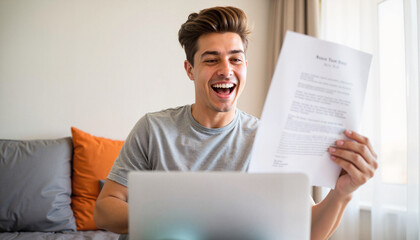 Excited white male student reading college offer letter at home, achievement