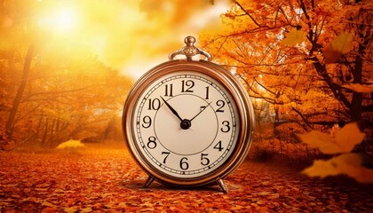 Clock amidst vibrant autumn foliage with golden sunlight filtering through trees