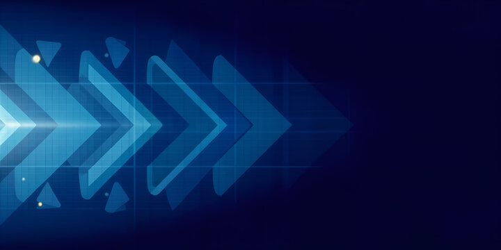 Abstract background with glowing blue arrows moving right, suggesting digital progress, technology, and futuristic concepts. Grid overlay adds depth.