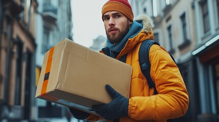 Dynamic action shot of a delivery worker carrying a package, commercial courier service branding.