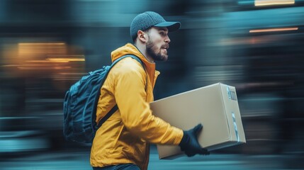 Dynamic action shot of a delivery worker carrying a package, commercial courier service branding.