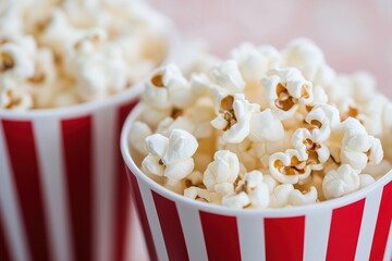 Delicious popcorn overflowing from classic striped buckets
