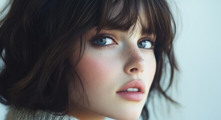 Fototapeta premium A close-up portrait of a beautiful woman with long white hair and make-up . Haircare, beauty and cosmetics concept.