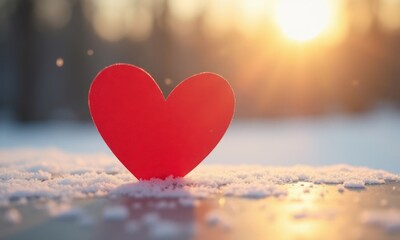 Fototapeta premium Paper red heart in the snow, copy space 