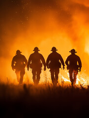 Fototapeta premium Feuerwehrleute kämpfen gegen Flammen im dramatischen Nachtlicht