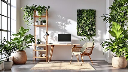 Stylish home office with bamboo shelving, hanging foliage and a green wall - 03