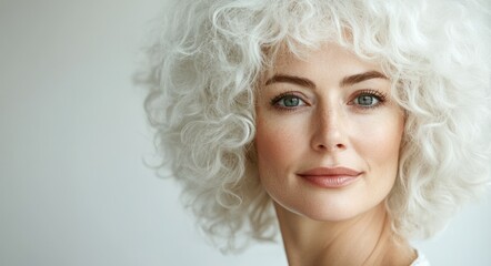 A close-up portrait of a beautiful woman with long white hair and make-up . Haircare, beauty and cosmetics concept.