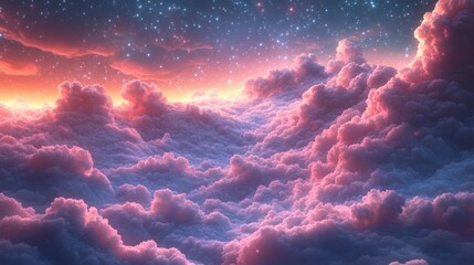 Colorful background fluffy clouds in shades of lavender and peach floating under a sky full of sparkling stars creating a vibrant celestial scene with soft glowing light
