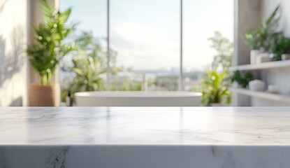 Modern Bathroom Marble Countertop with Blurred Background of Plants and Bathtub