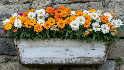 Vibrant Orange and White Daisies in Rustic Wooden Planter Box against Stone Wall