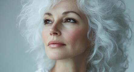 A close-up portrait of a beautiful woman with long white hair and make-up . Haircare, beauty and cosmetics concept.