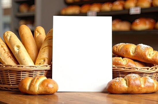 Freshly baked bread displayed in a warm bakery setting with a blank card for advertisements