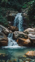 Fototapeta premium A small waterfall in the summer at a national park . Fresh atmosphere, clear water.