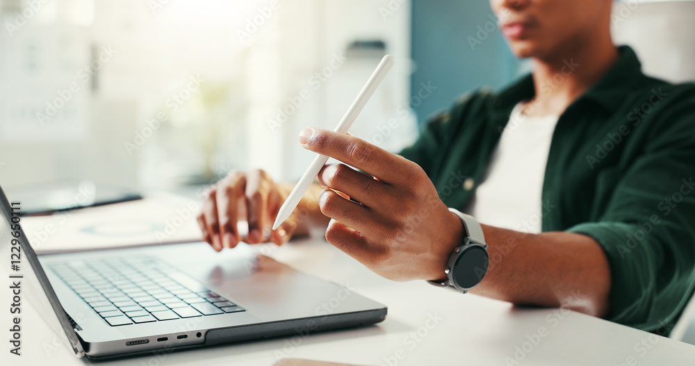 Poster thinking, laptop and business man with pen in office for online planning, writing proposal and resea