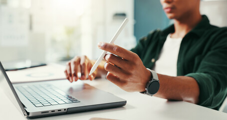 Thinking, laptop and business man with pen in office for online planning, writing proposal and...