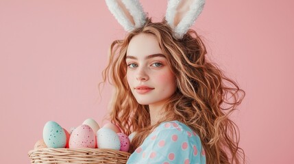 Young Woman in Bunny Ear Costume Holding Easter Basket with Colorful Eggs Against Pink Background