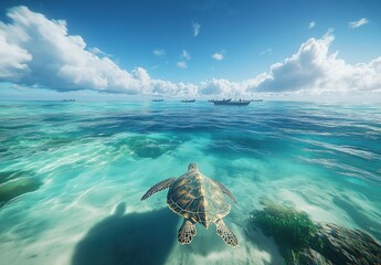 Obraz premium Majestic Sea Turtle Swimming in Crystal Clear Water Under Bright Blue Sky with Gentle Waves and Dramatic Cloud Formation