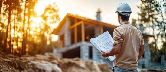 Architect reviewing blueprints in front of a new home construction.