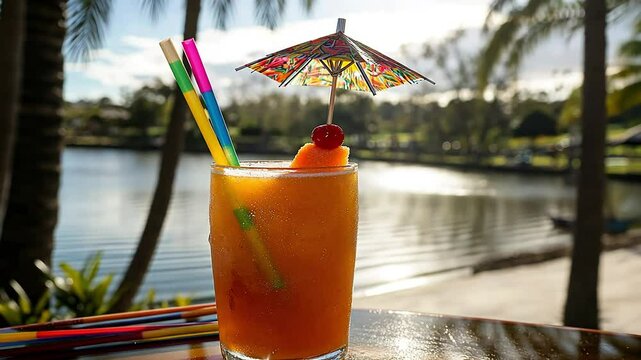 Tropical fruit cocktail with umbrella by sunny lake, perfect for summer ads