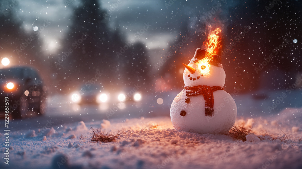 Aufkleber snowman on fire with glowing flames and winter scenery, surrounded by snowfall and cars in the backg