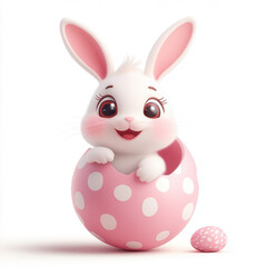 Cute Easter bunny peeking out of pink polka dot egg, joyful expression