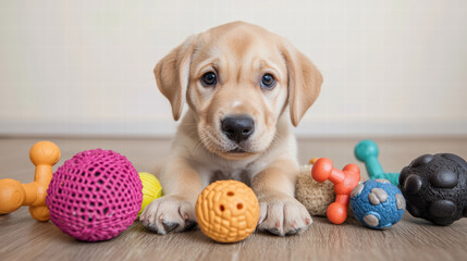 playful puppy surrounded by colorful toys, showcasing curiosity and joy