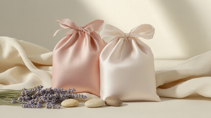Two elegant sachets in muted coral and dusty rose, positioned neatly on a soft, textured fabric surface