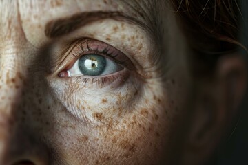 Close up of a female eye, highlighting ephelides, wrinkles, and the effects of aging on skin