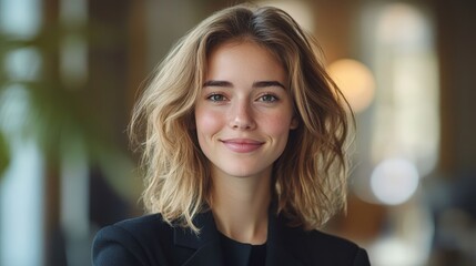 Obraz premium A confident young businesswoman smiling in a modern office, portraying professionalism and warmth. Ideal for business-related content.