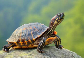 Obraz premium Majestic turtle basking under the sun with vibrant shell patterns against a blurred green natural background in a serene outdoor setting