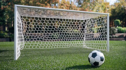 Closeup of a football ball next to the net on the grass