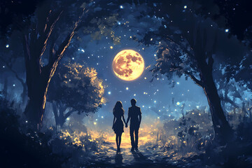 Obraz premium Romantic couple silhouetted against a magical night scene, walking hand-in-hand under a large full moon and starry sky, surrounded by glowing fireflies in a dark forest.