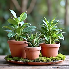 Obraz premium Rustic clay pots with ornamental plants and moss - 03