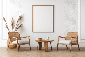 Modern interior with rattan chairs, wooden table, and tropical decor. serene space featuring neutral tones and natural elements, perfect for relaxation